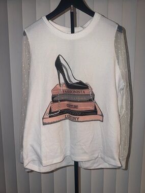 White Sweater with Sheer Polka Dot Sleeves & Fashion Graphic